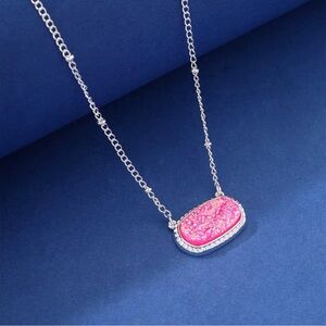 Pink Druzy Pendant Necklace - Women's Silver Plated Chain